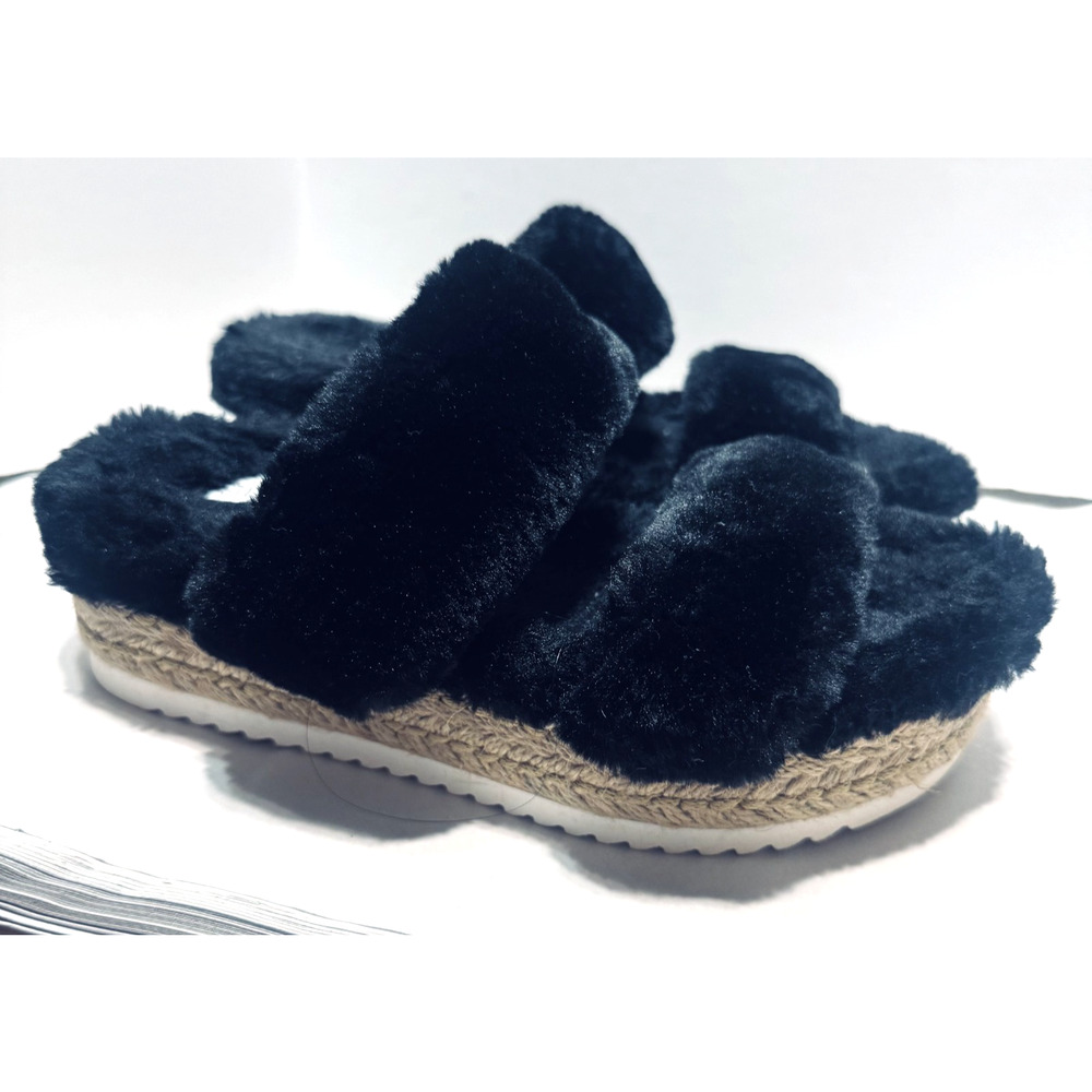 Steve Madden Womens Black Faux Fur Lined Sandals Katana Sz 8 Espadrille Platform